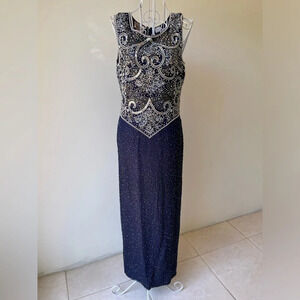 Vintage Laurence Kazar Beaded Silk Navy Long Gown maxi dress sleeveless Size S
